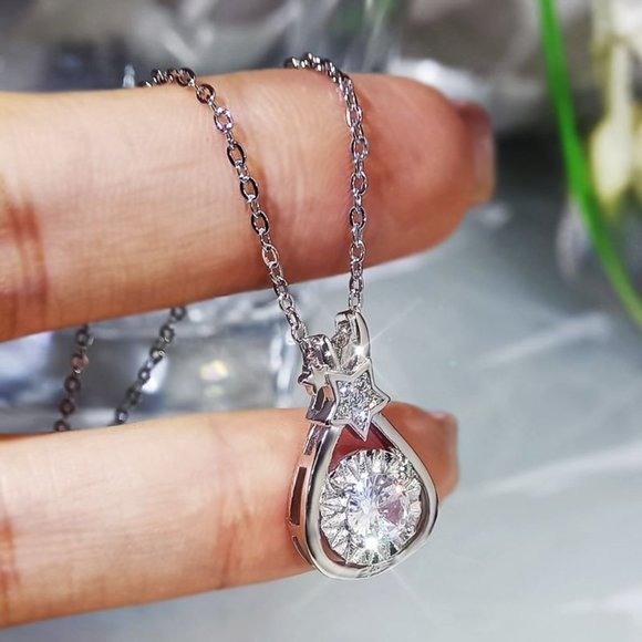 💎Hollow Water Drop Round Star CZ Dazzling Pear Silver Plated Necklace, MARR9005 - Picture 1 of 6